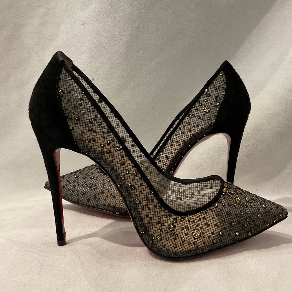 Christian Louboutin Black Mesh Pointed Toe Pumps with Gold Studs